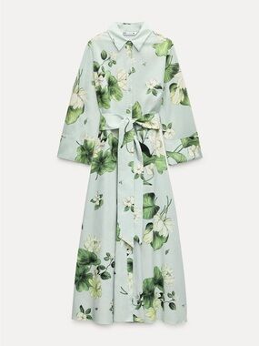 Zara floral shirt maxi dress ZW Collection Long sleeve Belt mint sage 2183/074